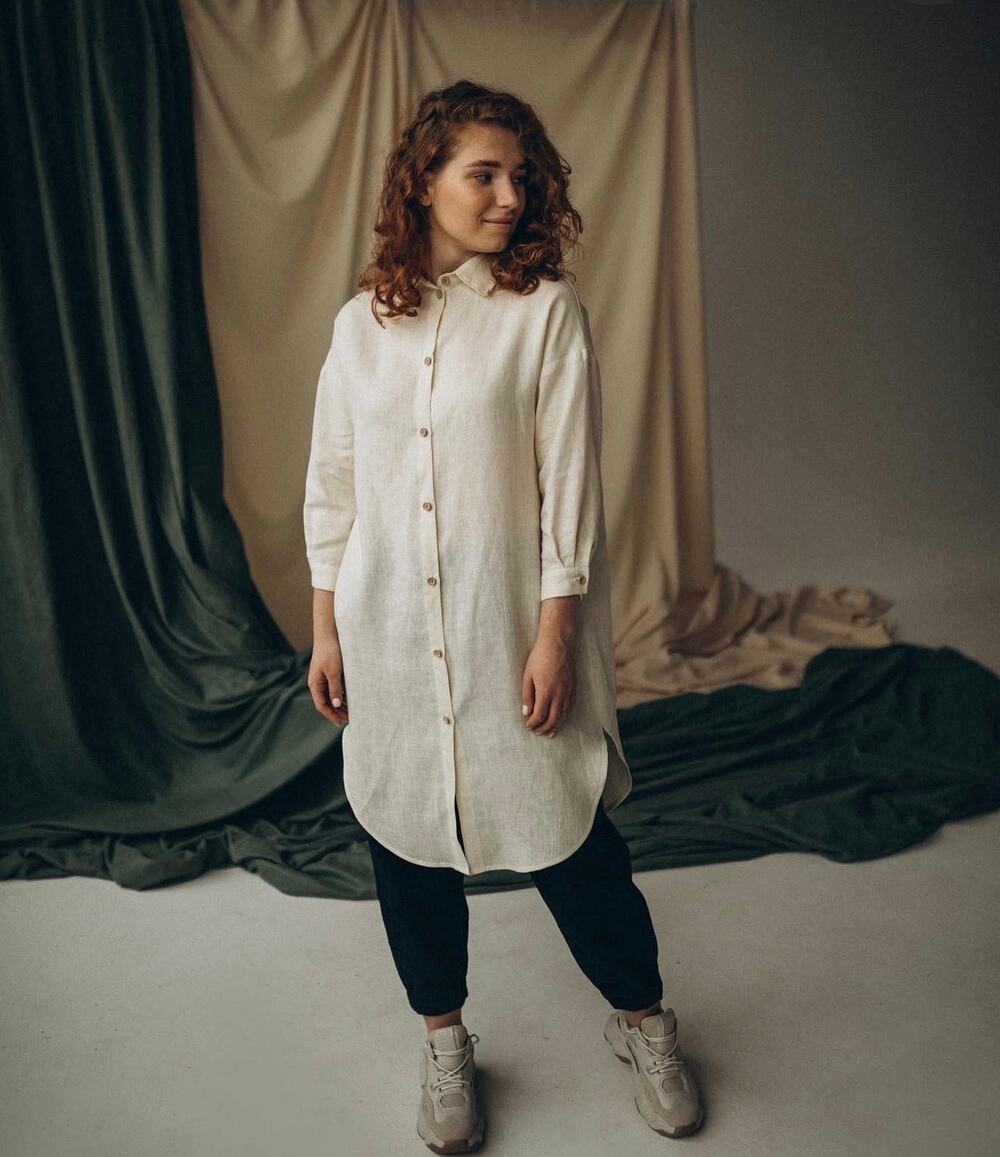 Hand Made 100% Linen Shirt Dress Size S/M Pockets 3/4 sleeves Boho Minimalist